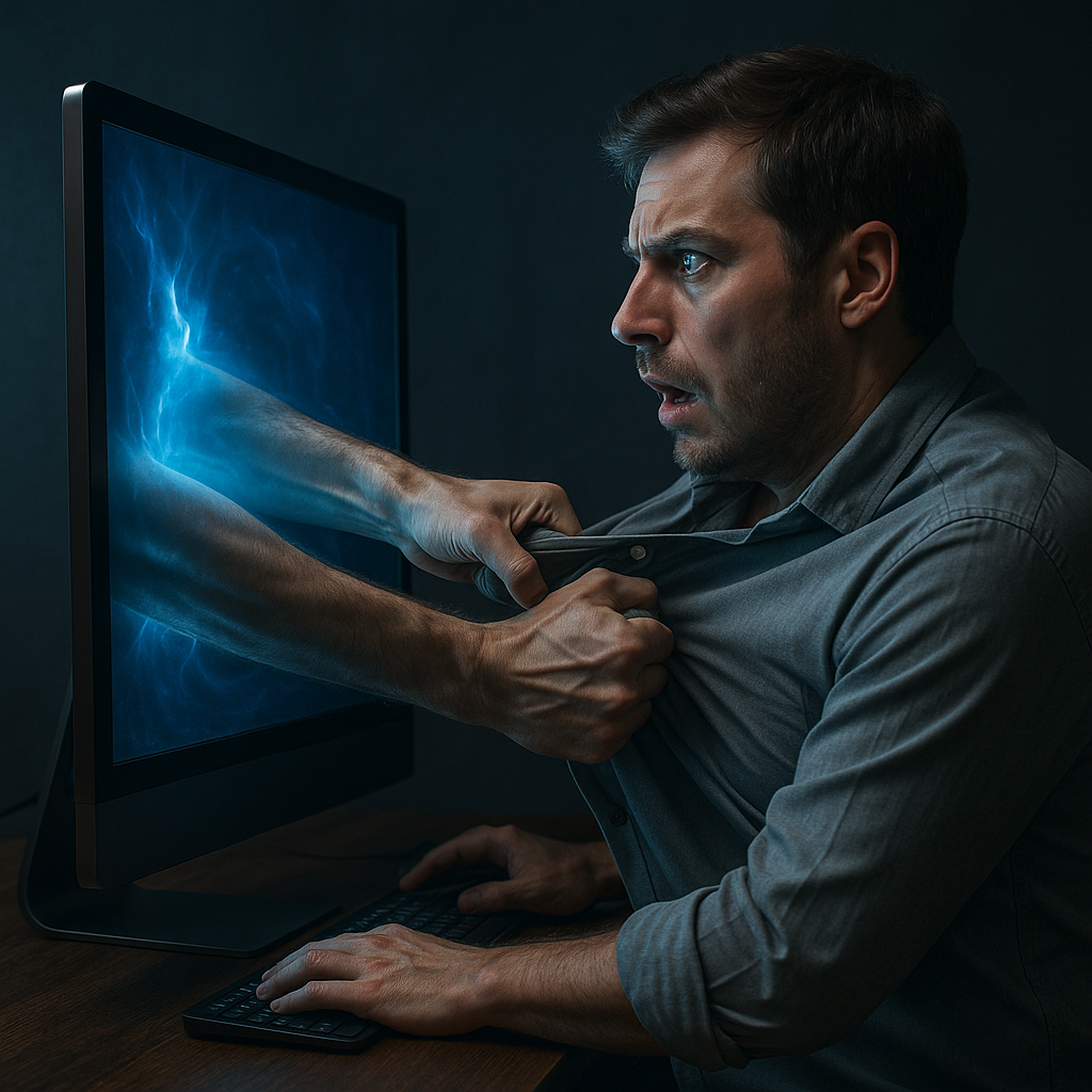 A pair of hands reaching through a computer screen and grabbing a man by the shirt