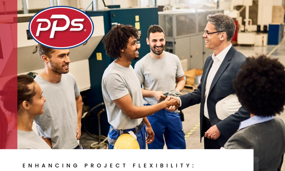 A boss shakes hands with workers, with PPS logo added.